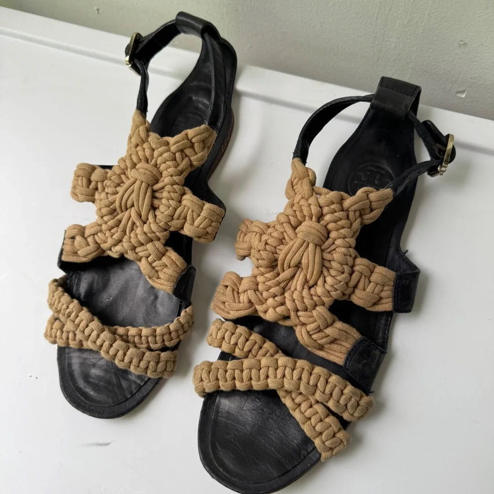 Tory Burch Sandals Macrame Leather Ankle Strap Flats Designer sz6 Leather Shoes